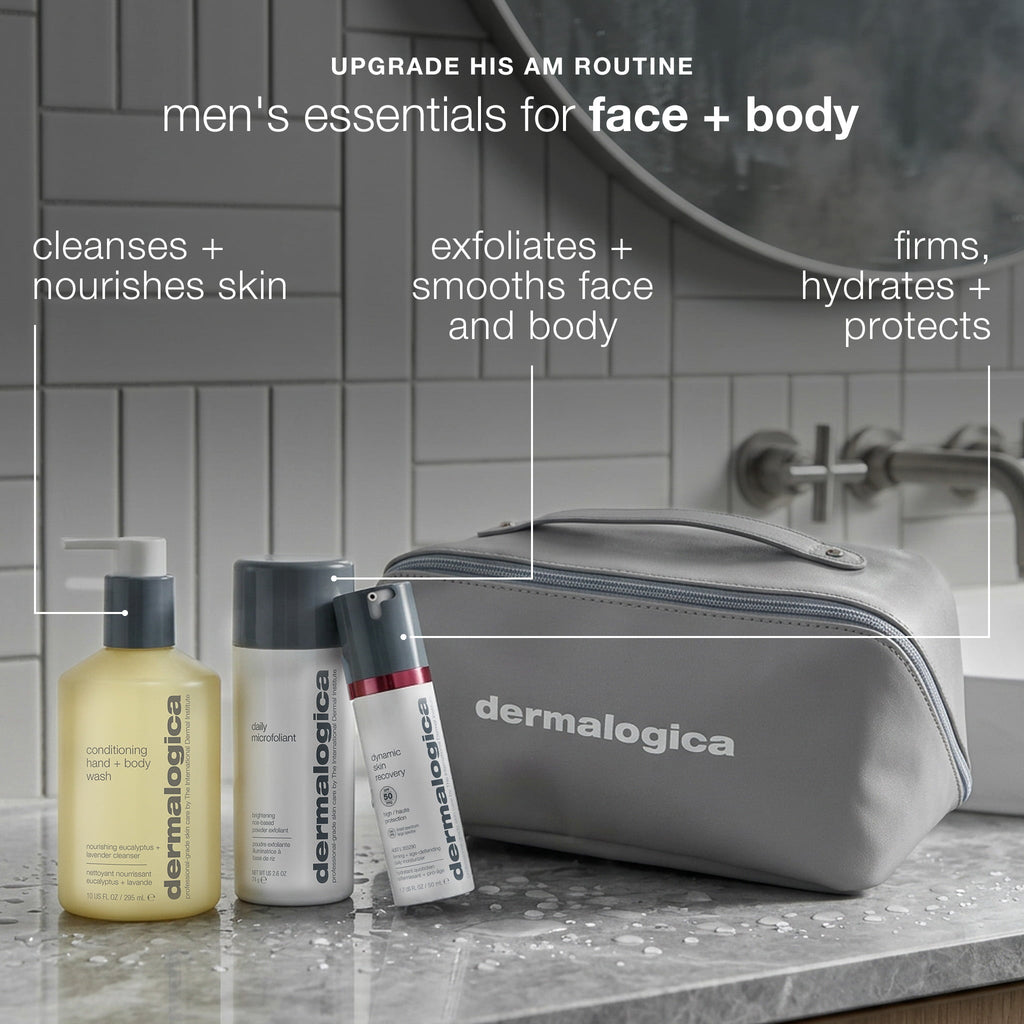 men's daily face + body  skin care routine set (3 full-size + bag)
