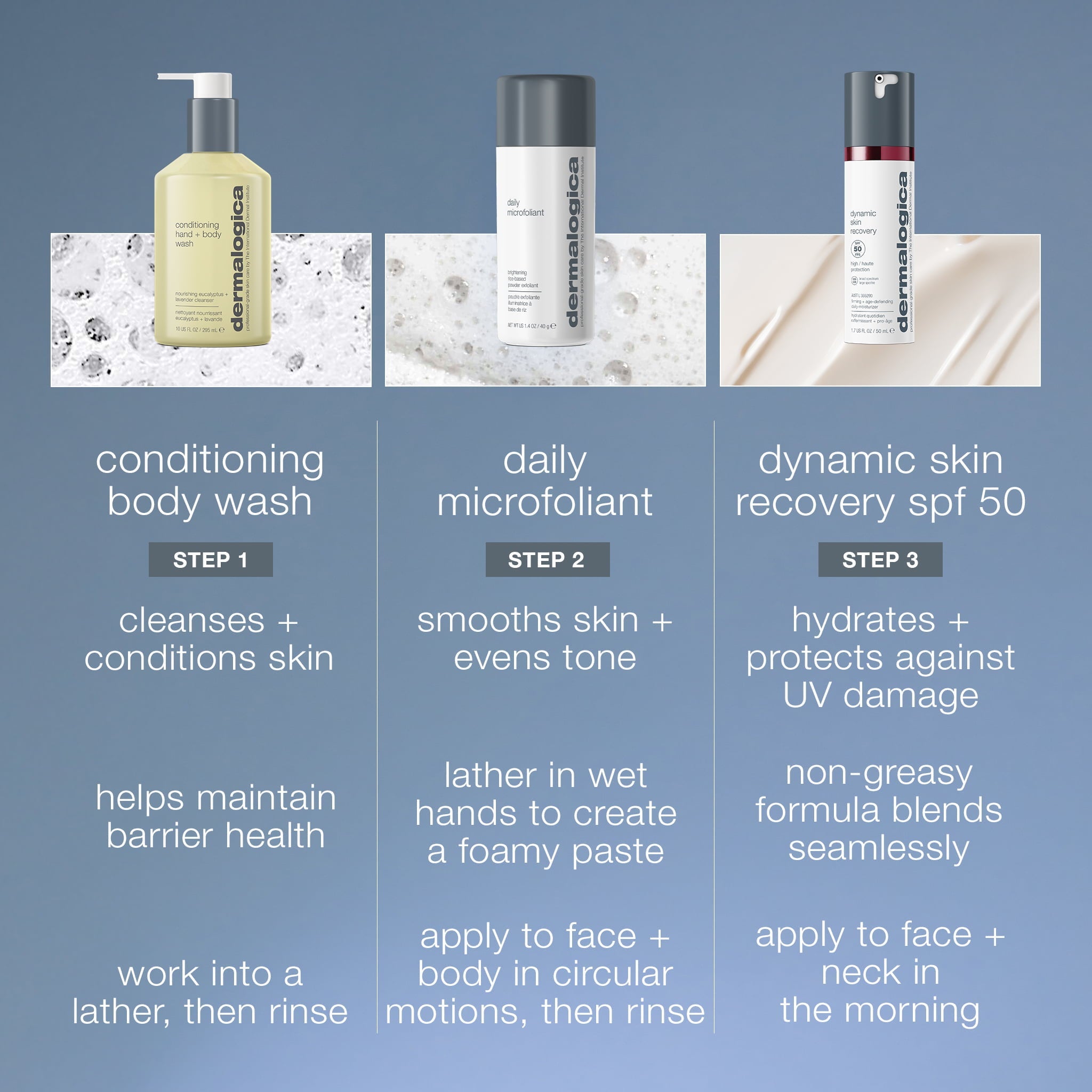 men's daily face + body  skin care routine set (3 full-size + bag)