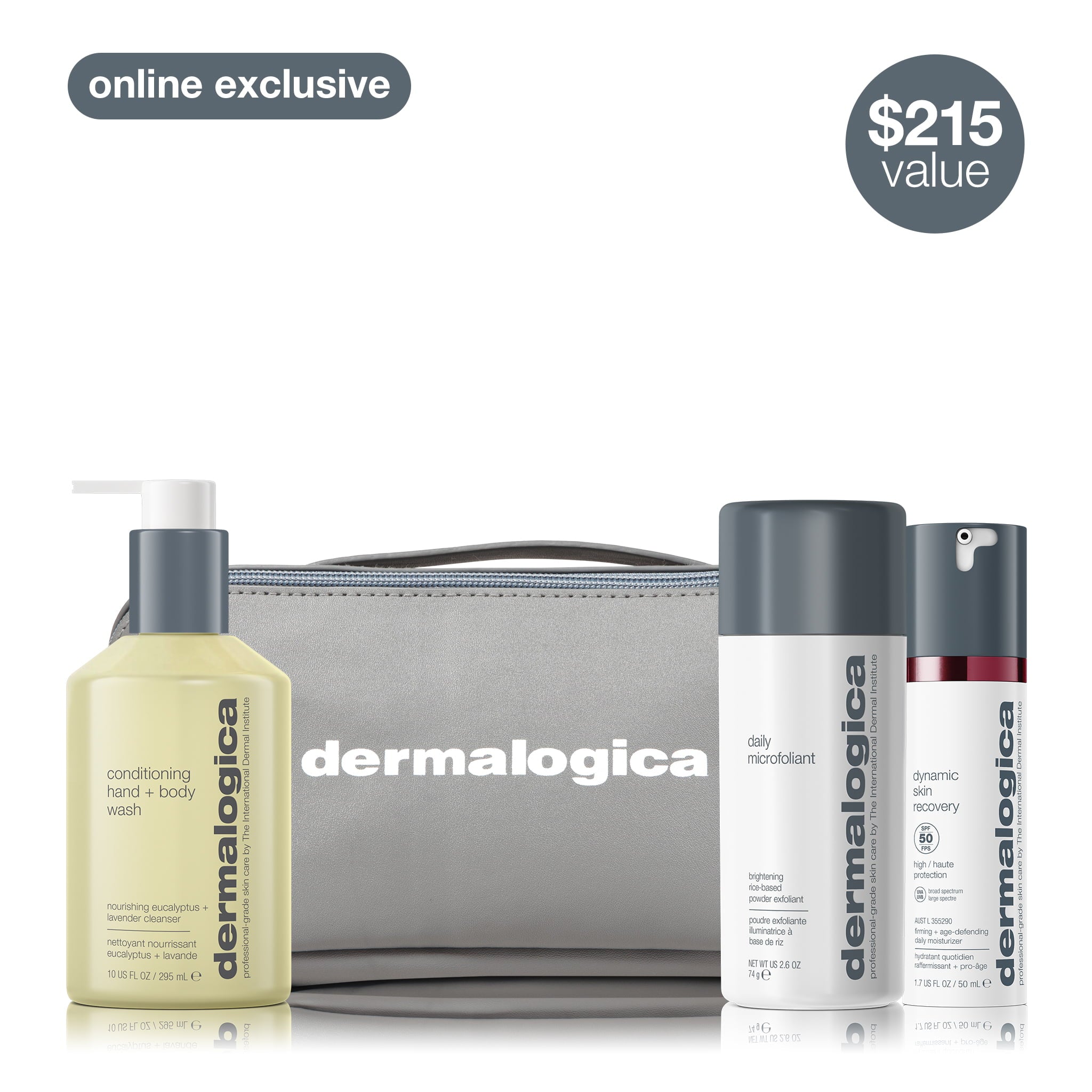 men's daily face + body  skin care routine set (3 full-size + bag)